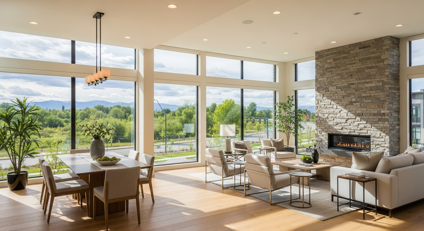 Modern Denver luxury condominium interior near a tree-lined boulevard and creek trail, refined and bright